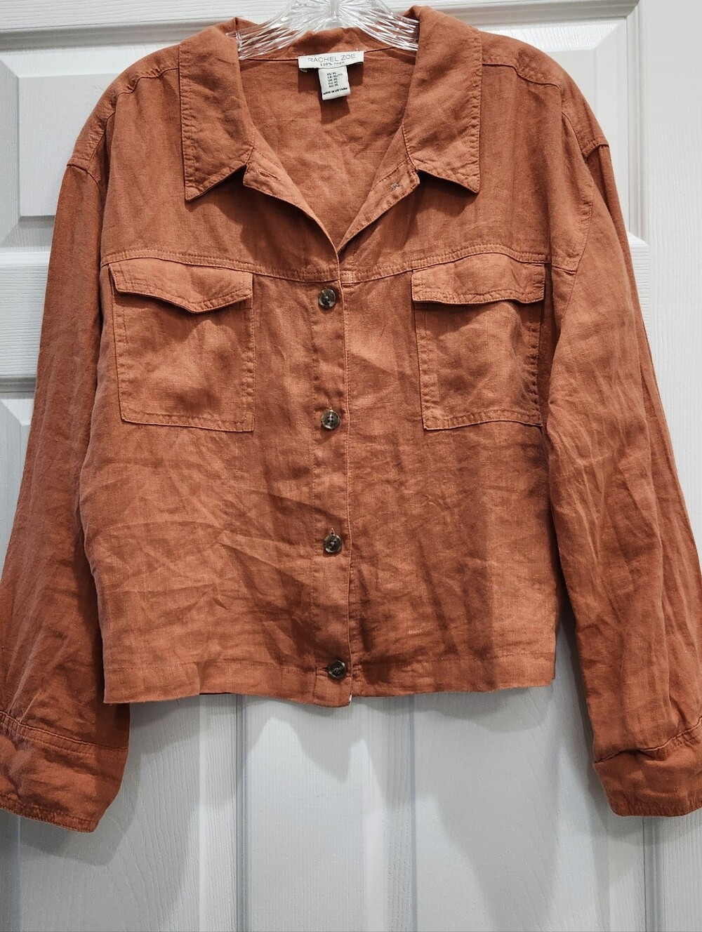 Rachel Zoe 100% Linen Short Crop Shirt/Jacket Womens XL, Burnt Orange Top